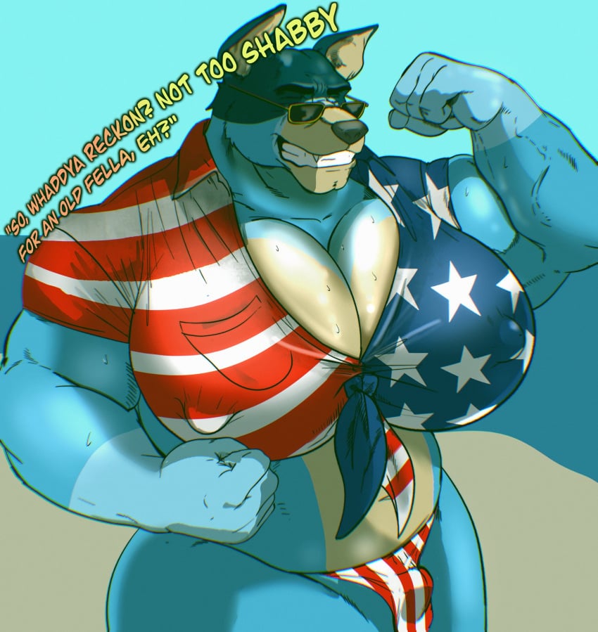 1boy american_flag_bikini american_flag_print bandit_heeler big_breasts big_breasts bluey_(series) busty busty_boy canid canine canine cleavage huge_breasts huge_breasts male male_cleavage male_only male_with_breasts monsterbator solo solo_male