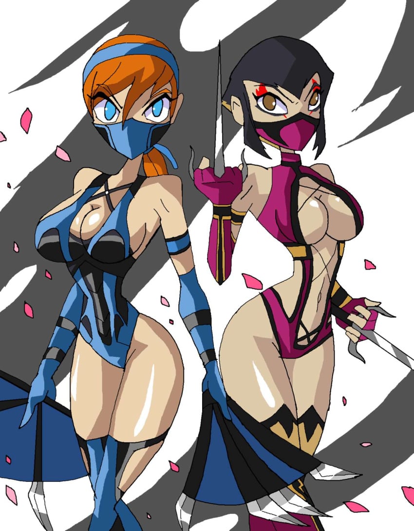 2d 2girls aged_up april_o'neil april_o'neil_(tmnt_2012) armband arms_up asian bare_shoulders big_breasts bimbo black_hair blue_eyes blue_gloves breasts brown_eyes busty cleavage cosplay crossover curvy detailed_background duo elbow_gloves female female_only front_view gloves hair_ornament hairband hamato_miwa holding_object hourglass_figure human karai karai_(tmnt_2012) kitana_(cosplay) knife kunoichi leotard long_hair looking_at_viewer manic47 marking markings mask midriff mileena_(cosplay) mortal_kombat multiple_girls nickelodeon ninja older orange_hair pink_gloves ponytail pose posing sai_(weapon) sakura_petals shiny shiny_skin short_hair standing teenage teenage_mutant_ninja_turtles teenager tied_hair tmnt_2012 voluptuous war_fan weapons wide_hips yuri