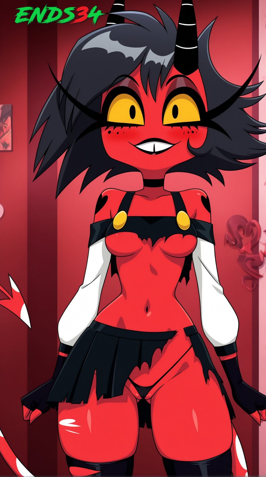 ai_generated blonde_hair breasts demon demon_girl ends34 female female_only helluva_boss looking_at_viewer medium_breasts millie_(helluva_boss) miniskirt red_body short_hair slutty_dress stockings tail torn_clothes