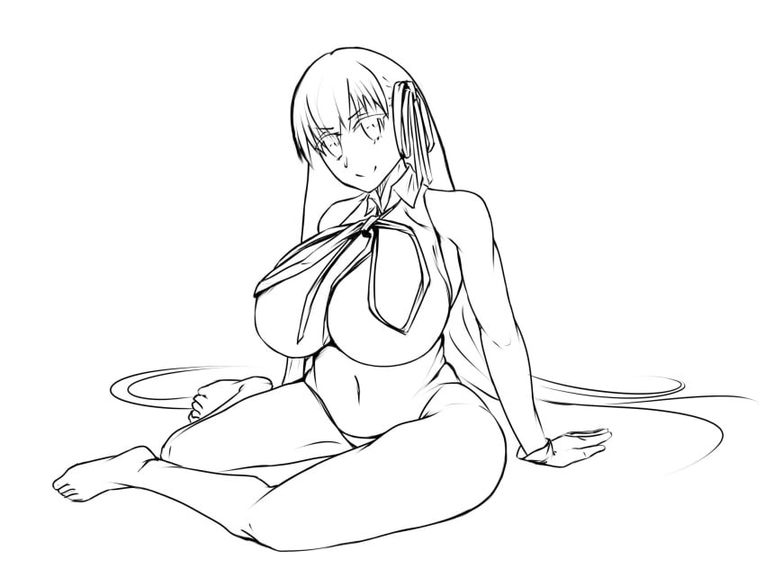 1girls bb_(fate) breasts fate/extra fate/grand_order fate_(series) female female_only hair_ribbon huge_breasts leotard long_hair looking_at_viewer massgrave monochrome navel skindentation sleeveless solo thick_thighs very_long_hair