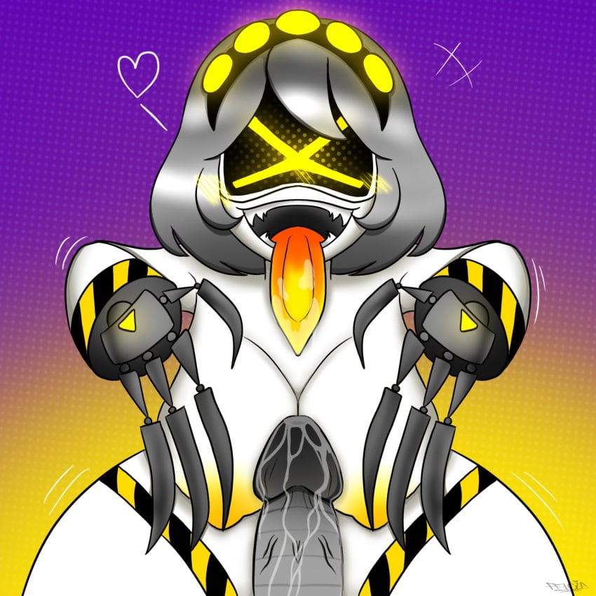 big breasts claws darkxmoza_off female heart_symbol male male/female murder_drones penis sharp_teeth straight tongue_out v_(murder_drones) wide_hips
