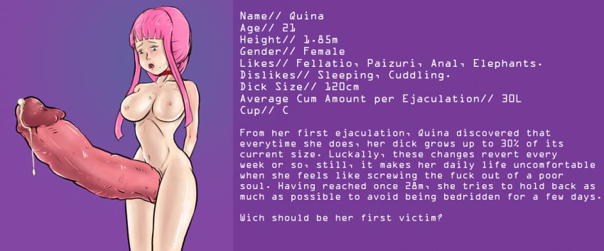 character_sheet female futanari gorillakingh huge_cock hyper_penis intersex large_penis pink_hair precum quina_(gorillakingh) text