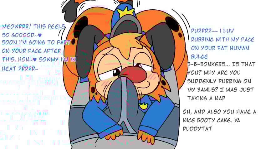 anthro backsack balls ballsack big_ass blush bobcat bonkers bonkers_d._bobcat boxers_(clothing) briefs bulge cuddling cuddling_tail disney english_text erection erection_under_clothes gay half-closed_eyes horny human in_heat irrumatio jiggling_ass male meowing nuzzling nuzzling_penis police_uniform purring red_nose shortstack smug tail twerking underwear