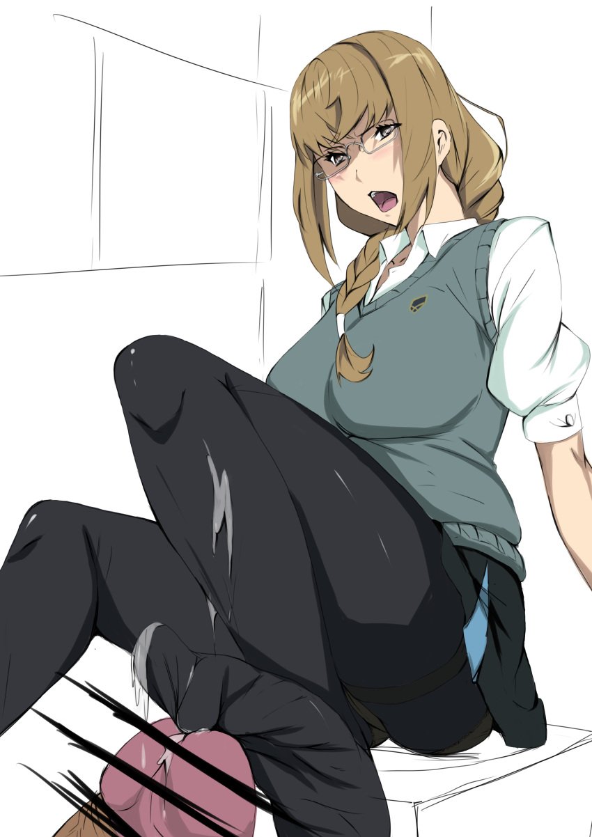 absurdres black_legwear blush braid breasts brown_eyes brown_hair censored cum female footjob footjob_with_legwear glasses highres kiznaiver large_breasts long_hair maki_honoka open_mouth oran_(l1102777) pantyhose penis school_uniform short_sleeves single_braid skirt sweater_vest