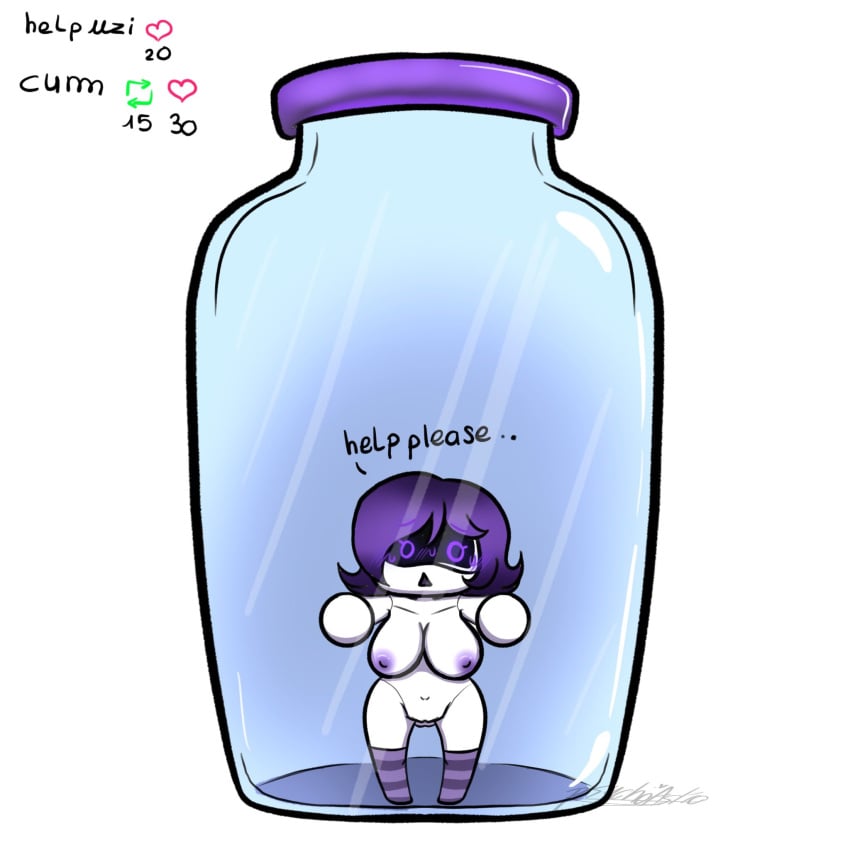 begging begging_for_help big_breasts breasts chibi darkxmoza_off female female_only jar murder_drones purple_eyes purple_hair pussy robot robot_girl robot_humanoid stuck_in_object uzi_(murder_drones) wide_hips