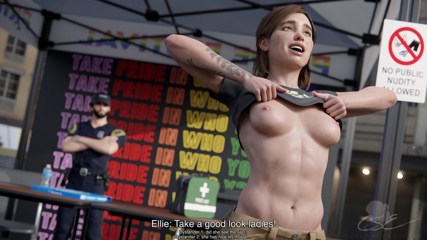 1boy 1boy1girl 1girls 3d 3d_(artwork) 3d_render boobs_out breasts breasts breasts breasts_out comic comic_page cse_nsfw ellie_(the_last_of_us) ellie_williams fit_female flashing flashing_breasts medium_breasts nipples orientation_play police pride_colors pride_month public public_nudity subtitles tattoo tattooed_arm the_last_of_us the_last_of_us_2 tits_out yuri