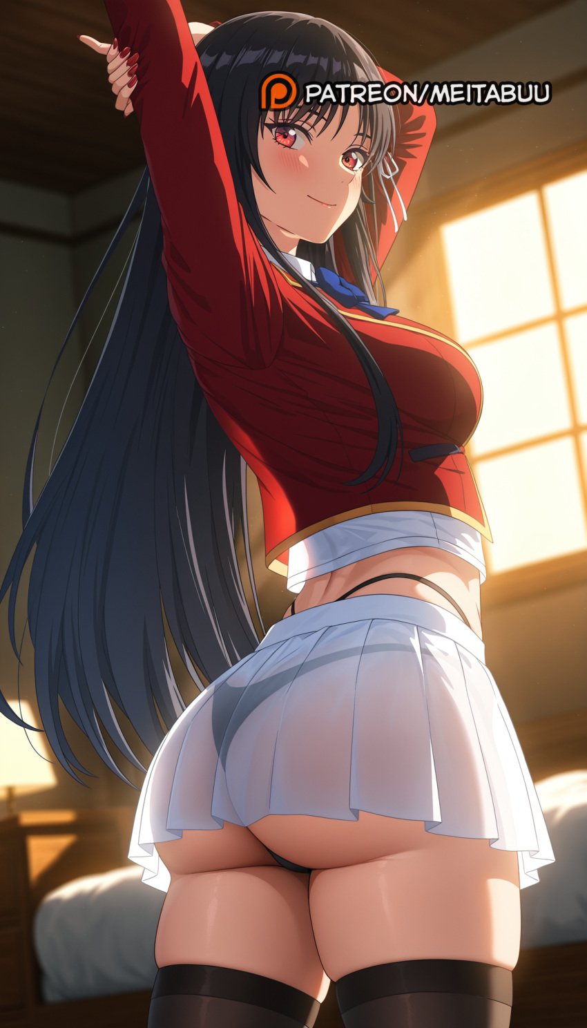 ai_generated arms_up ass bed bedroom black_hair black_panties black_thighhighs blazer blue_bow blue_bowtie blurry blurry_background blush bow bowtie breasts classroom_of_the_elite closed_mouth collared_shirt crop_top female from_behind hair_ribbon highleg highleg_panties horikita_suzune indoors jacket lamp large_breasts long_hair long_sleeves looking_at_viewer looking_back meitabuu miniskirt nail_polish panties pleated_skirt red_eyes red_jacket red_nails ribbon school_uniform see-through see-through_shirt see-through_skirt shirt skindentation skirt smile solo standing stretching thighhighs thighs thong twisted_torso underbutt underwear very_long_hair white_ribbon white_shirt white_skirt window
