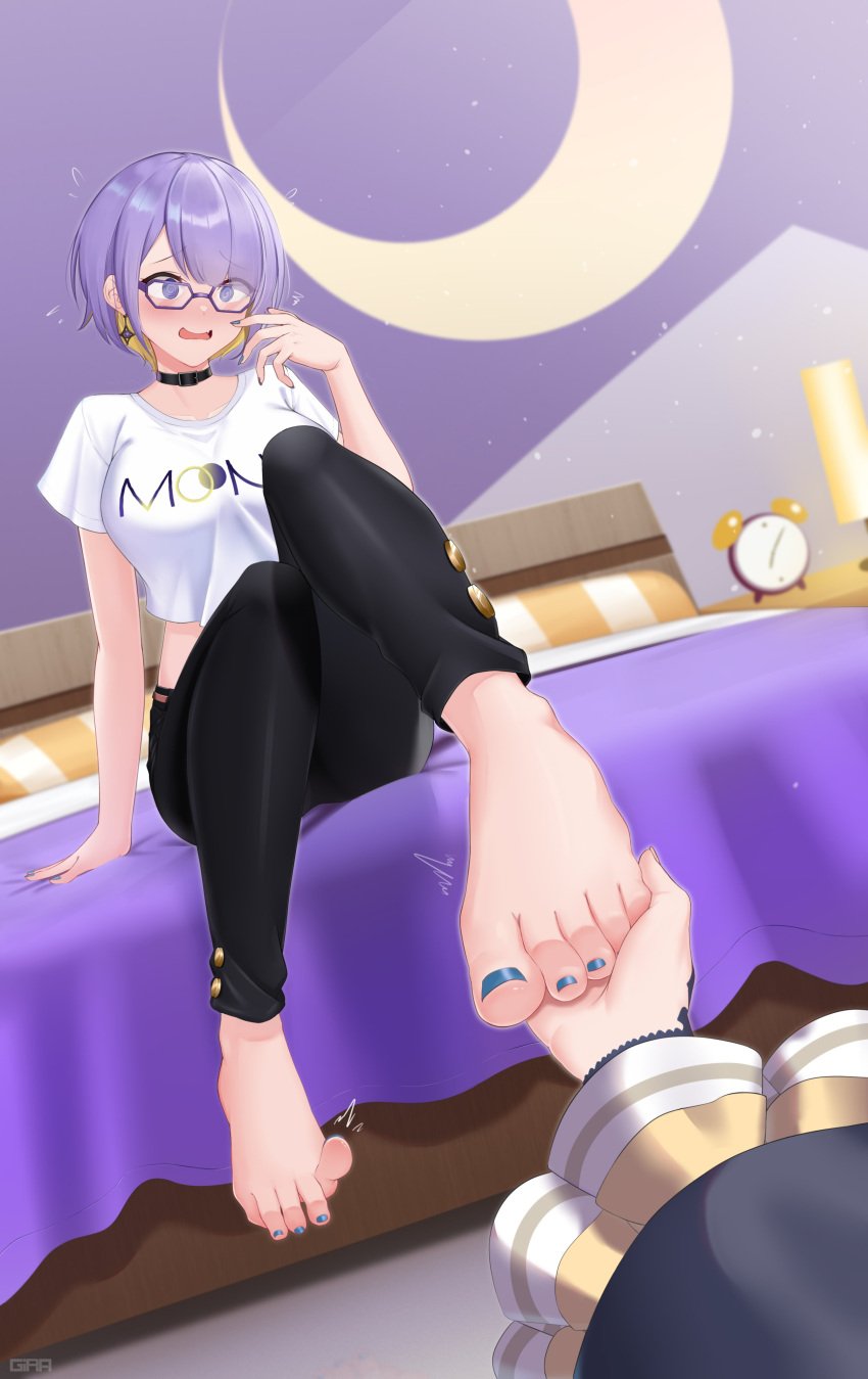 anya_melfissa barefoot embarrassed_female feet feet_focus feet_up female foot_fetish girarikyo glasses holding_feet hololive hololive_indonesia moona_hoshinova painted_toenails purple_hair short_hair sitting_on_bed tagme toes two_tone_hair vtuber