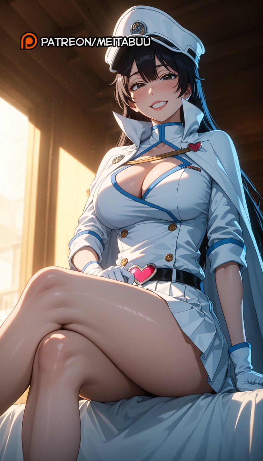 ai_generated bambietta_basterbine belt black_belt black_eyes black_hair bleach bleach:_the_thousand-year_blood_war blush breasts buttons cape cleavage crossed_legs feet_out_of_frame female gloves grin hat heart high_collar indoors jacket large_breasts long_hair long_sleeves looking_at_viewer meitabuu military military_hat military_jacket military_uniform miniskirt on_bed peaked_cap pleated_skirt sitting skirt sleeves_rolled_up smile solo teeth thighs uniform white_cape white_gloves white_headwear white_jacket white_skirt