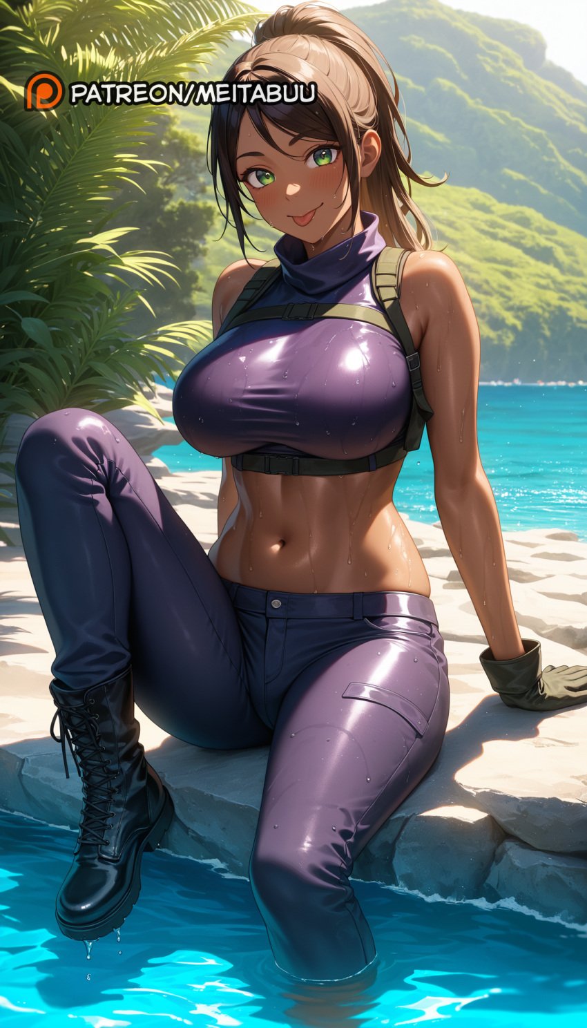 :p abs ai_generated archer_(series) arm_support bare_arms bare_shoulders black_footwear black_gloves black_hair blush boots breasts brown_hair chest_harness crop_top cross-laced_footwear dark-skinned_female dark_skin day female gloves green_eyes harness high_ponytail knee_up lace-up_boots lana_kane large_breasts long_hair looking_at_viewer meitabuu midriff navel outdoors pants plant ponytail purple_pants purple_shirt shirt sidelocks sitting sleeveless sleeveless_shirt smile soaking_feet solo stomach taut_clothes taut_shirt tight_clothes toned tongue tongue_out turtleneck water wet wet_clothes