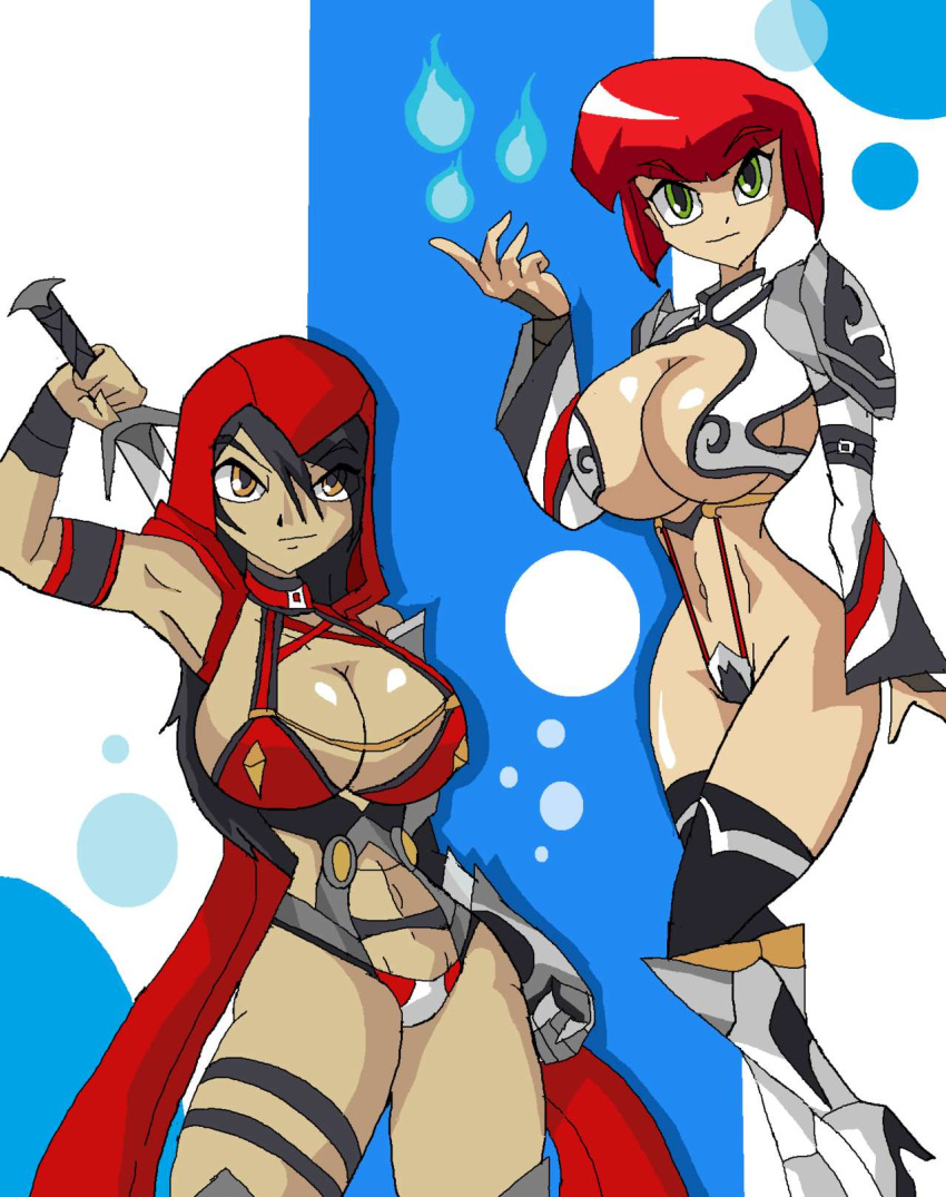 2girls armband arms_up bare_shoulders big_breasts black_hair black_legwear bob_cut bracelet brown_eyes busty choker cleavage curvy detailed_background duo female female_only flame front_view gauntlet ginger green_eyes high_heels holding_object hood hourglass_figure human legband legwear leotard long_hair looking_at_viewer manic47 midriff multiple_females multiple_girls original_character pose posing red_hair sabaton_(comment_section) sabatons shiny shiny_skin short_hair shoulder_pads standing sword underboob very_long_hair voluptuous weapon wide_hips yuri