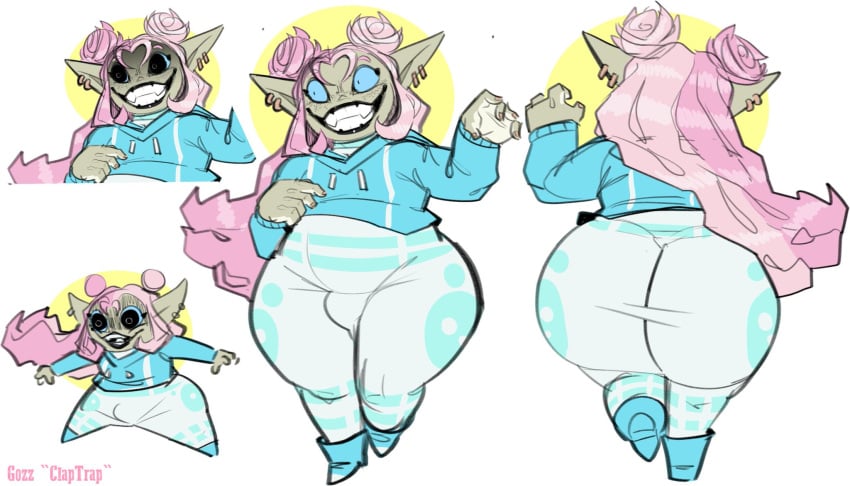 blue_eyes bulge dongwongtang femboy goblin goblin_male gozz_(dongwongtang) huge_ass lipstick long_hair male pink_hair pointy_ears wide_hips