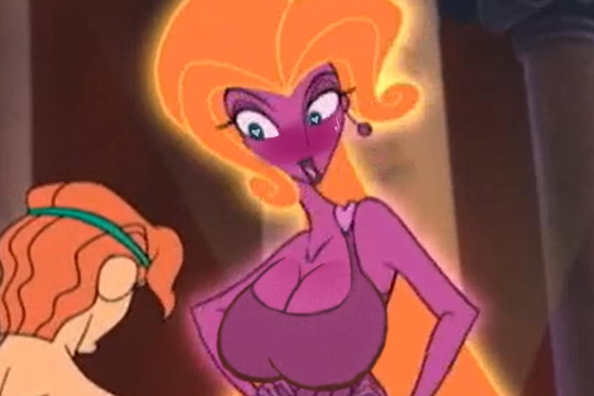 1boy 1girls aphrodite_(greek_mythology) aphrodite_(hercules) big_breasts blush blush blushing_female disney edit edited edited_screencap eyes_wide_open female goddess heart_eyes hercules_(disney) male marioa13 purple_body purple_skin shiny_hair yellow_hair