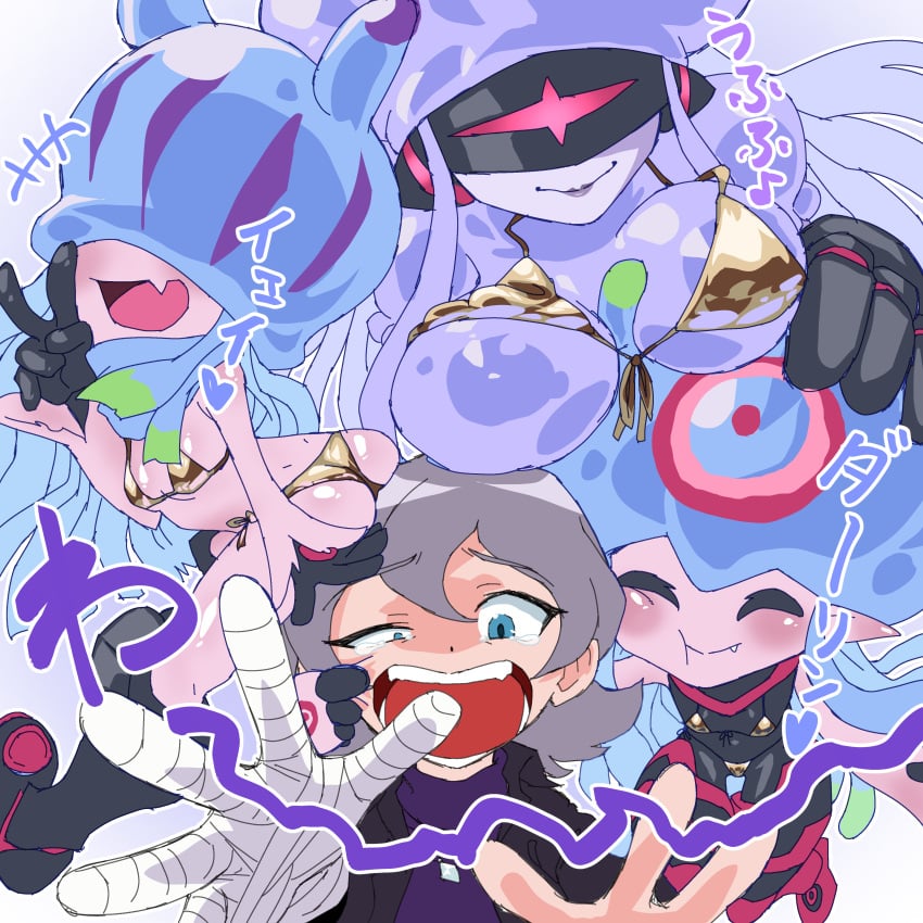 1boy 3girls absurd_res absurdres ass bandage big_breasts bikini butt digimon digimon_(species) digimon_ghost_game female gerusyu golden_bikini golden_week grey_hair hi_res highres jellymon male pointy_ears teslajellymon thetismon toei_animation