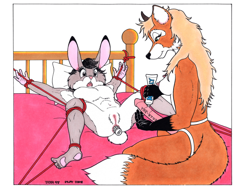 1990s 1997 20th_century anthro bed blue_eyes bondage bound bound_to_bed buckteeth buttplug canine dildo domination duo english_text female femdom flat_chested fox fur furry genitals gloves_(marking) grey_eyes grey_fur half-closed_eyes imminent_sex interspecies kneeling lagomorph lube lying mammal markings multicolored_fur nude on_back orange_fur pillow predator/prey pussy rabbit rope rope_bondage sex_toy shocked simple_background smile spread_eagle spread_legs spreading strap-on teeth text tim_o'rourke two_tone_fur white_background white_fur year yuri