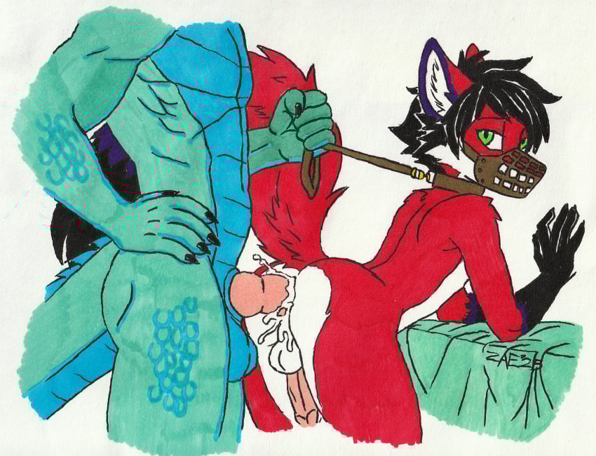 anal anal_sex animal_genitalia animal_penis anthro balls bed bent_over biped black_body black_fur black_hair blue_body blue_scales bodily_fluids canid canine canine_genitalia canine_penis collar cum cum_inside dragon duo erection fox fur furniture genital_fluids genitals green_eyes hair hands_on_wall knot leash leash_pull leashed_collar majira_strawberry male male/male mammal muzzle_(object) mythological_creature mythological_scalie mythology penetration penis purple_body purple_fur red_body red_fox red_fur scales scalie sex short_hair solo_focus tail true_fox vtuber white_body white_fur zaeryn