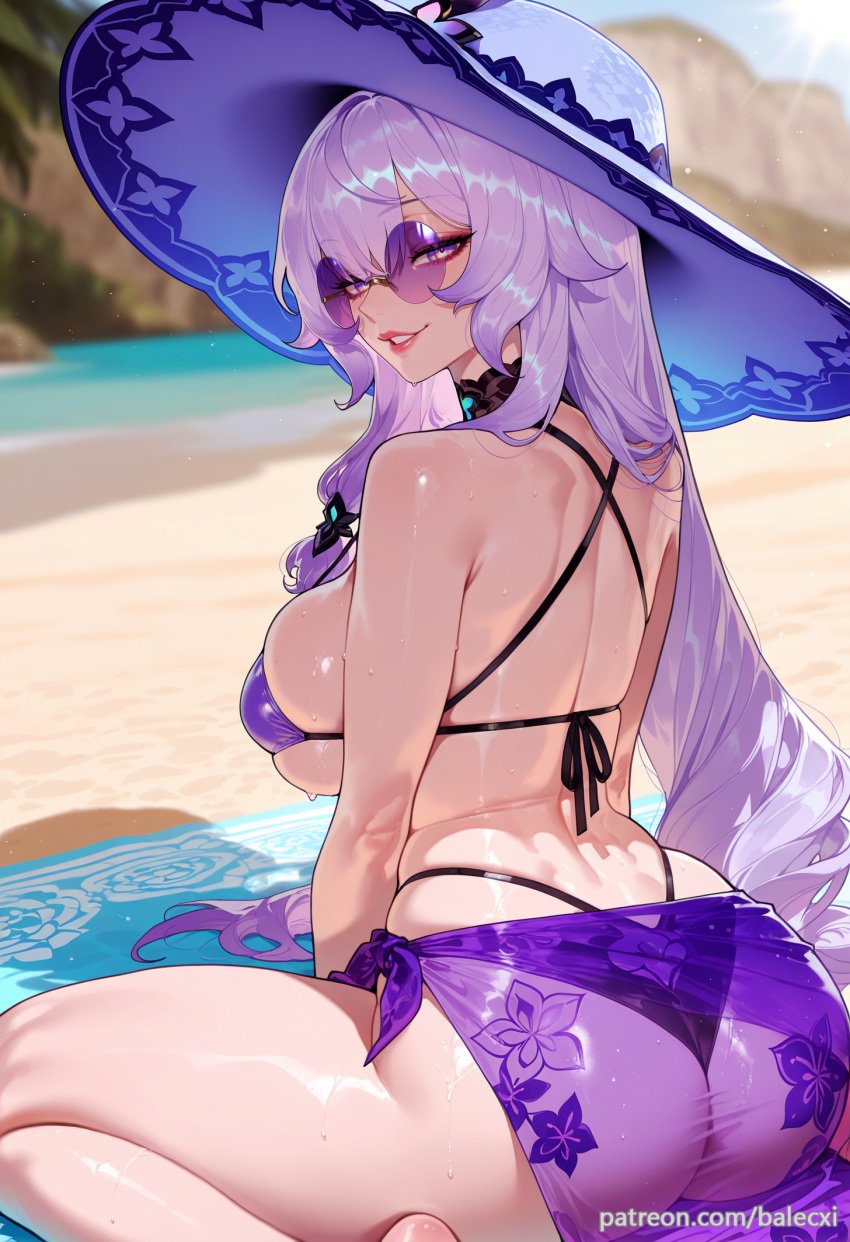 ai_generated ass balecxi bare_shoulders beach black_swan_(honkai:_star_rail) female honkai:_star_rail large_breasts long_hair looking_at_viewer looking_back outdoors patreon_username purple_bikini purple_eyes purple_hair sarong sitting smile solo sun_hat sunglasses swimsuit thighs tinted_eyewear wariza