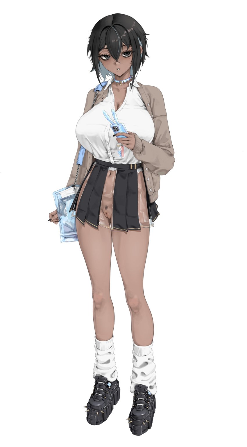 1girls absurdres bag black_eyes black_hair black_nails black_shoes blue_choker breasts brown_cardigan cardigan cellphone cellphone_charm cellphone_strap charm_(object) choker cleavage colored_inner_hair commentary dark-skinned_female dark_skin eyeshadow female female_only female_pubic_hair gyaru handbag highres holding holding_phone kogal ku_(kuchurage) large_breasts loose_socks makeup medium_hair mole mole_on_breast mole_under_eye mole_under_mouth multicolored_hair navel no_panties open_cardigan open_clothes original parted_lips phone platform_shoes pleated_skirt pubic_hair pussy see-through_clothes see-through_skirt shirt shoes skirt smartphone smartphone_case socks solo spiked_choker spikes streaked_hair tomboy white_background white_shirt white_socks