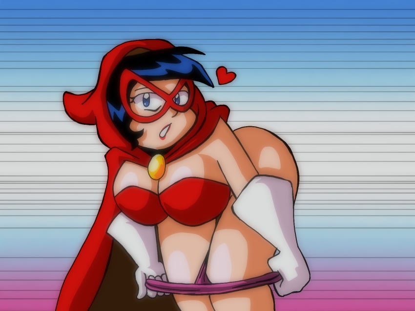 1990s_(style) ass black_hair blue_eyes bottomless breasts cape cleavage hood lipstick looking_at_viewer mask oc original original_character panties pink_panties pink_underwear seductive_look style_emulation the_red_capeness underwear