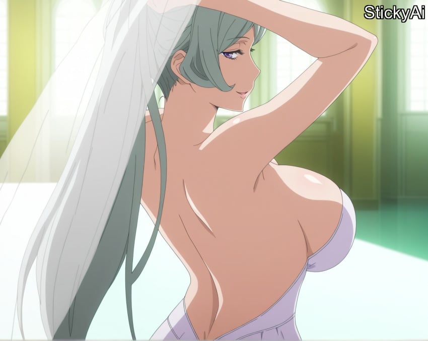 ai_generated anime_coloring beach danmachi dungeon_ni_deai_wo_motomeru_no_wa_machigatteiru_darou_ka female freya_(danmachi) grey_hair indoors large_breasts long_hair purple_eyes silver_hair stickyai wedding wedding_dress