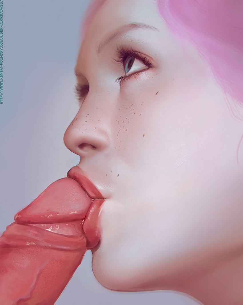 1boy 1girls blue_eyes close-up fellatio female freckles freckles_on_face hair kissing_penis male oral penis pink_hair purple_hair realistic solo_focus sucking tagme ulrik veiny_penis