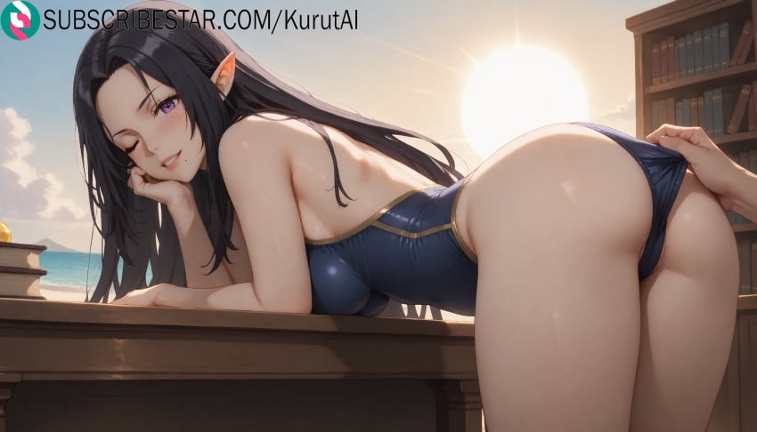 1boy 1girls ai_generated artist_name artist_signature ass bare_arms bare_shoulders bent_over black_hair blue_one-piece_swimsuit breasts clothes_pull elf female gamma_(the_eminence_in_shadow) hand_on_own_cheek hand_on_own_face hi_res high_resolution highres kage_no_jitsuryokusha_ni_naritakute! kurutai large_breasts long_hair looking_at_viewer male one-piece_swimsuit one-piece_swimsuit_pull one_eye_closed outdoors parted_bangs parted_lips patreon_username pointy_ears purple_eyes smile solo_focus subscribestar subscribestar_username swimsuit the_eminence_in_shadow uncensored