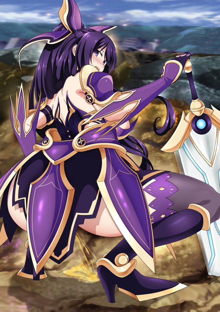 2d 2d_(artwork) armor armored_boots armored_dress armored_female armored_gloves ass back_view backboob big_ass bubble_butt date_a_live light-skinned_female peeing purple_eyes purple_hair solo solo_female thick_thighs thighs yatogami_hebikura yatogami_tohka