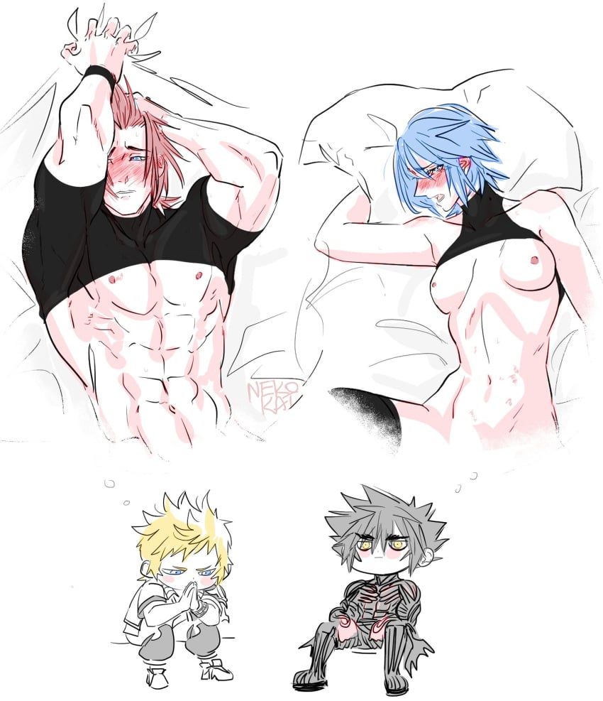 3boys abs aqua_(kingdom_hearts) bed_sheet bite_mark black_hair blue_eyes blush breasts brown_hair chibi english_commentary female gay gay_male highres kingdom_hearts kingdom_hearts_birth_by_sleep male moaning multiple_boys muscular muscular_male nekokat42 nipples on_bed open_mouth pillow praying sheet_grab sitting straight terra_(kingdom_hearts) thinking vanitas vanitas_(kingdom_hearts) ventus ventus_(kingdom_hearts) yaoi yellow_eyes