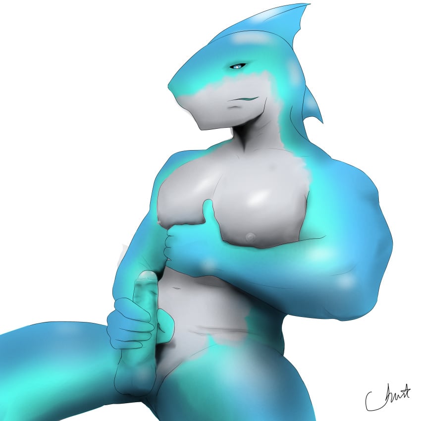 1boy abs big_chest fish invalid_tag male male_only marine masturbation muscular nipples nude penis realistic shark sharkfurryman sitting solo