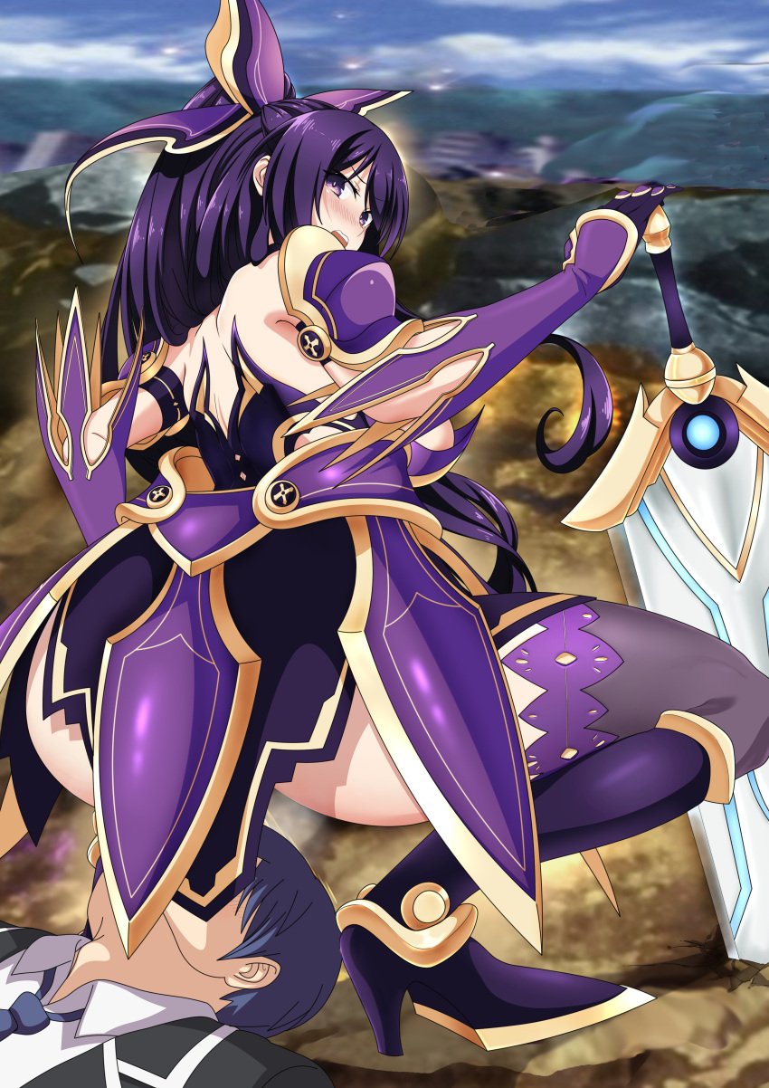 1boy 1girls 2d 2d_(artwork) armor armored_boots armored_dress armored_female armored_gloves ass back_view backboob big_ass bubble_butt date_a_live embarrassed embarrassed_female facesitting female light-skinned_female male purple_eyes purple_hair sword thick_thighs thighs yatogami_hebikura yatogami_tohka
