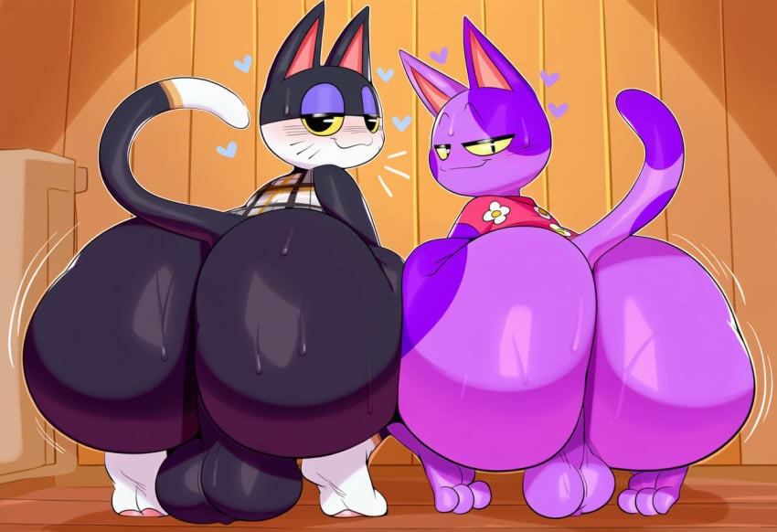 2025 ai_generated animal_crossing anthro ass backsack balls big_butt blush bob_(animal_crossing) bodily_fluids bottomless clothed clothing domestic_cat duo felid feline felis fur genitals girly heart hellsonger hi_res huge_butt looking_at_viewer looking_back male male/male mammal narrowed_eyes presenting presenting_hindquarters punchy_(animal_crossing) purple_body purple_fur shirt smile sweat tail_markings take_your_pick topwear twerking