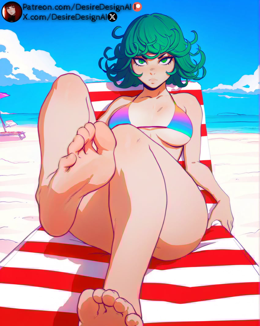 ai_generated alternate_costume ass bare_legs barefoot beach beach_chair beach_towel bikini blue_sky breasts breasts_apart chair closed_mouth cloud cloudy_sky curly_hair day desiredesignai feet feet_up female flipped_hair foot_focus foreshortening green_eyes green_hair hi_res high_quality high_resolution highres large_breasts looking_at_viewer lying medium_breasts multicolored_bikini multicolored_clothes ocean on_back one-punch_man one_punch_man outdoors patreon_logo patreon_username presenting_foot reclining sensitive short_hair sky soles solo stable_diffusion strap_gap string_bikini swimsuit tatsumaki thighs toenails toes towel umbrella underboob water web_address