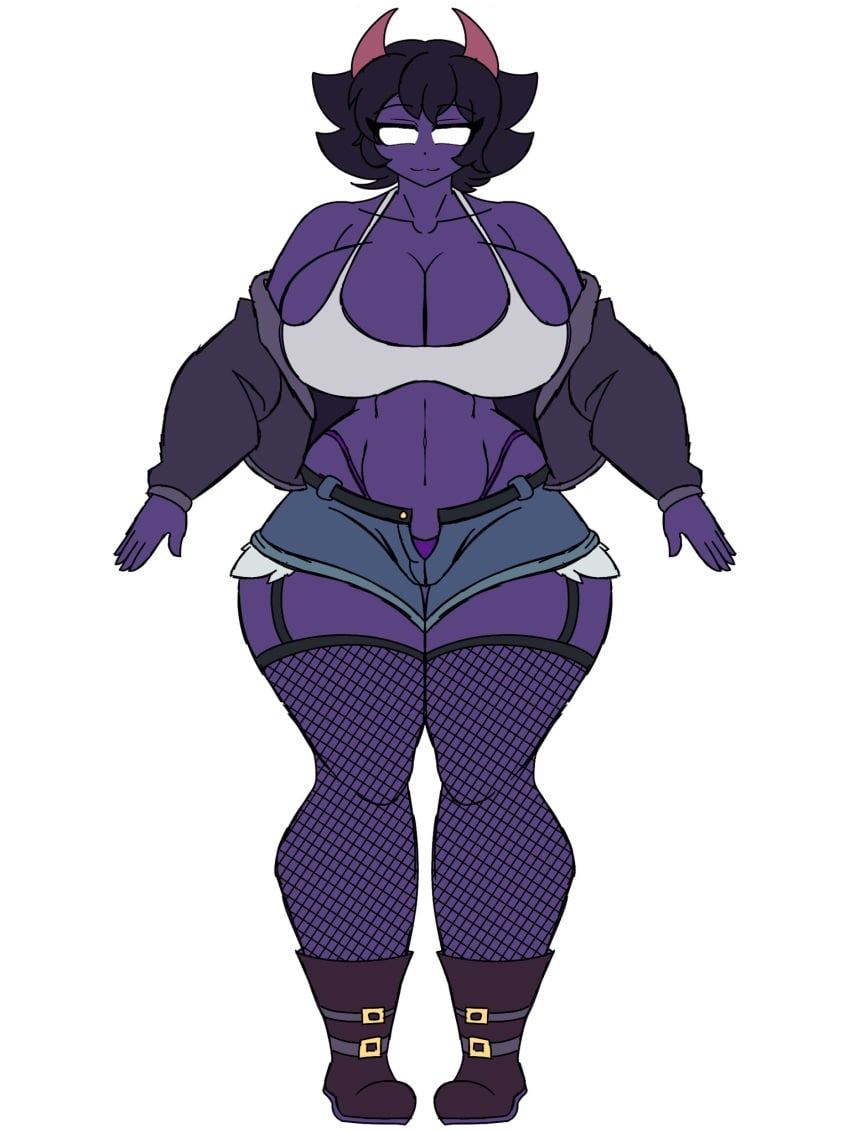big_ass big_breasts big_butt black_hair black_hoodie boots breasts brown_boots fishnets hips hips_wider_than_shoulders hoodie jane_(vinny_angel94) jane_the_demon_girl_(vinny_angel) jean_shorts purple_body purple_panties purple_skin red_horns reference_image reference_sheet ripped_pants simple_background thick thick_ass thick_thighs thighhighs thighs vinny_angel94 white_background white_eyes white_topwear wide_hips