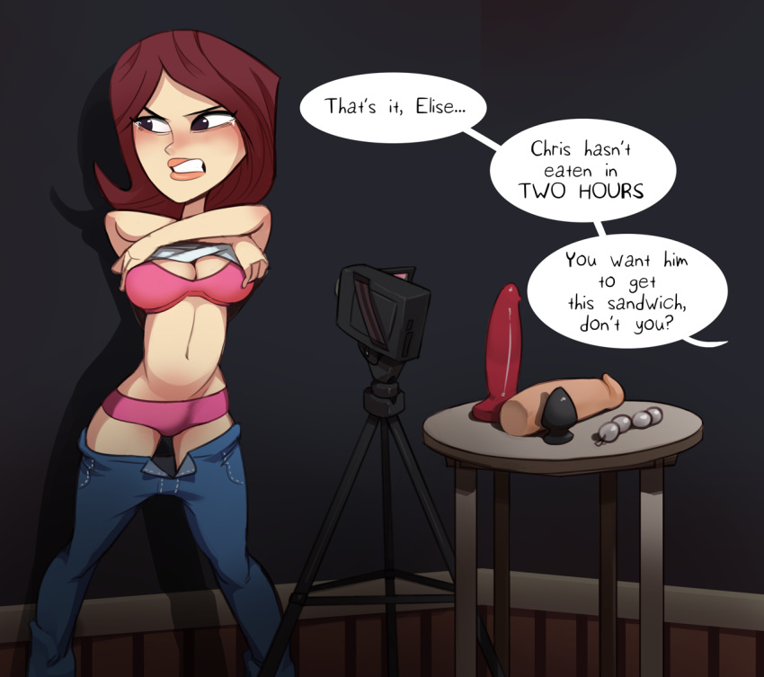 1girls blackmail blush bra breasts brown_hair buttplug clenched_teeth clothing dan_vs. dialogue dildo elise_pearson english_text female gritted_teeth jeans long_hair panties pants_down pink_panties polyle recording shirt_lift speech_bubble tears text undressing