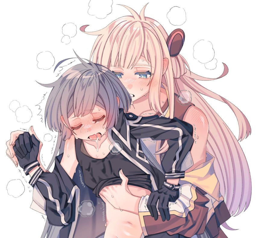 2girls blonde_hair blush breasts closed_eyes clothed_sex collared_dress dress duel_monster emptyayya female gloves grey_hair head_steam highres long_hair long_sleeves multiple_girls simple_background sky_striker_ace_-_raye sky_striker_ace_-_roze sweat twintails two-tone_dress white_background yu-gi-oh! yuri