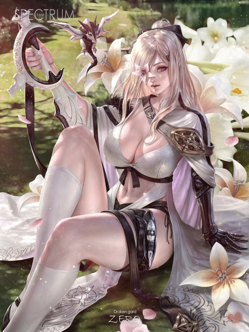 1girls abs amputee armor armored_gloves artist_name artist_signature bangs belly_button blush breasts cape drag-o drag-on_dragoon drag-on_dragoon_3 dragon drakengard drakengard_3 female fit fit_female flower flower_in_eye hi_res highres huge_breasts legs light-skinned_female light_skin lips lipstick long_hair medium_breasts mikhail_(drag-on_dragoon) pond ponytail red_eyes sole_female solo_female stockings straps sword thighs water weapon white_hair yam_spectrum zero_(drag-on_dragoon) zero_(drakengard)