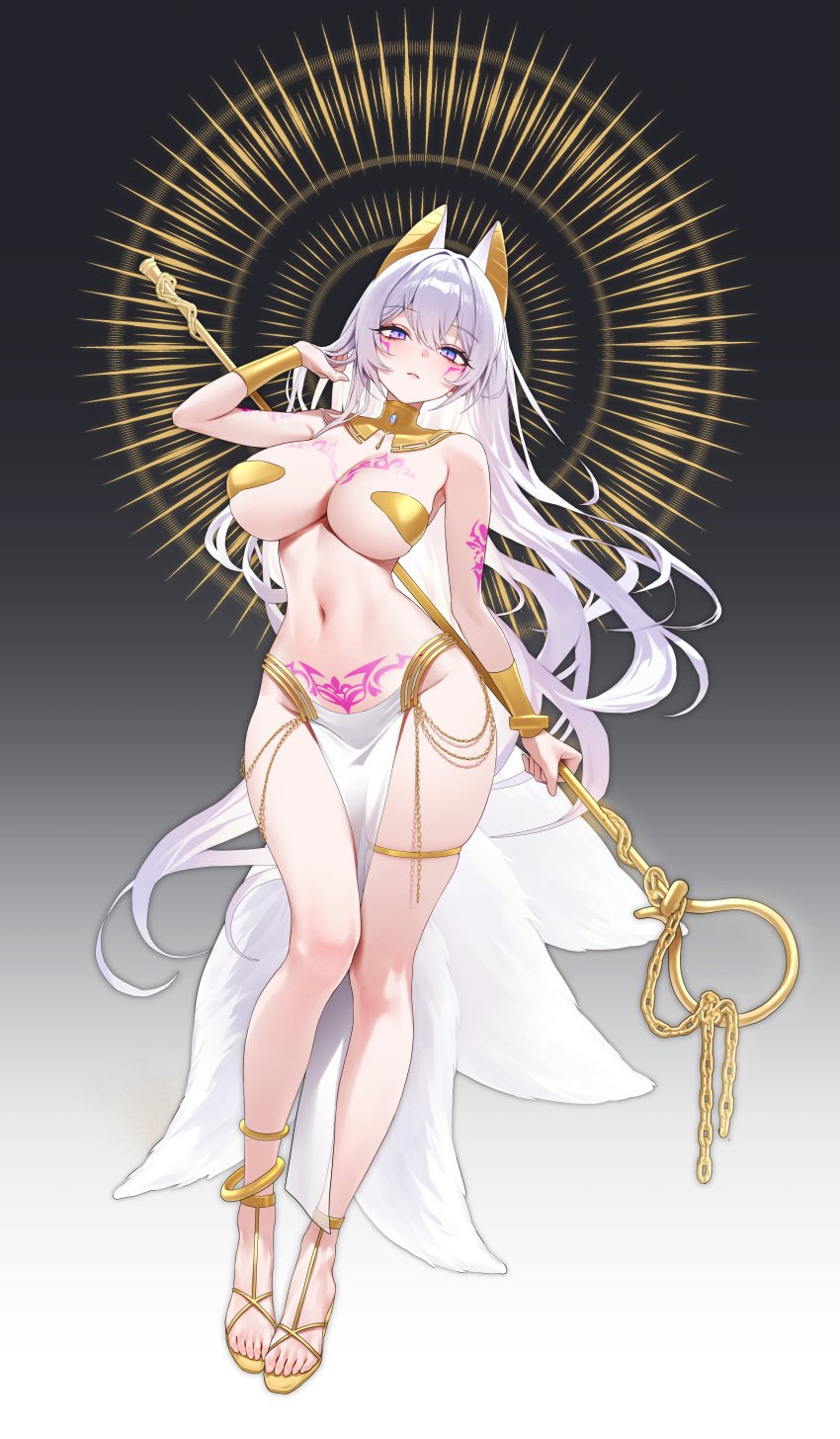 1girls absurdres ancient_egyptian_clothes arm_tattoo armor armpits bare_arms bare_legs breast_tattoo breasts chano39 commission female female female_only full_body gladiator_sandals gold_thighlet hair_intakes highres holding holding_staff large_breasts long_hair looking_at_viewer navel original pasties pelvic_curtain pubic_tattoo purple_eyes revealing_clothes sandals skindentation solo staff stomach tattoo thick_thighs thighs underboob usekh_collar very_long_hair white_hair wide_hips