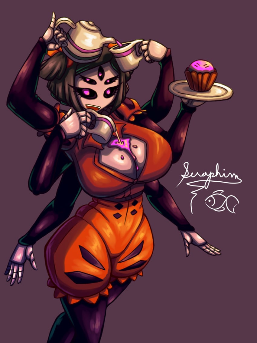 1girls 5_eyes alternate_version_at_source alternate_version_available big_ass big_breasts cleavage clothed clothing female kahoyisda liquid looking_at_viewer monster_girl muffet muffin neronej solo solo_female spider_girl teacup teapot thick_thighs undertale undertale_(series) wet_breasts woodfish