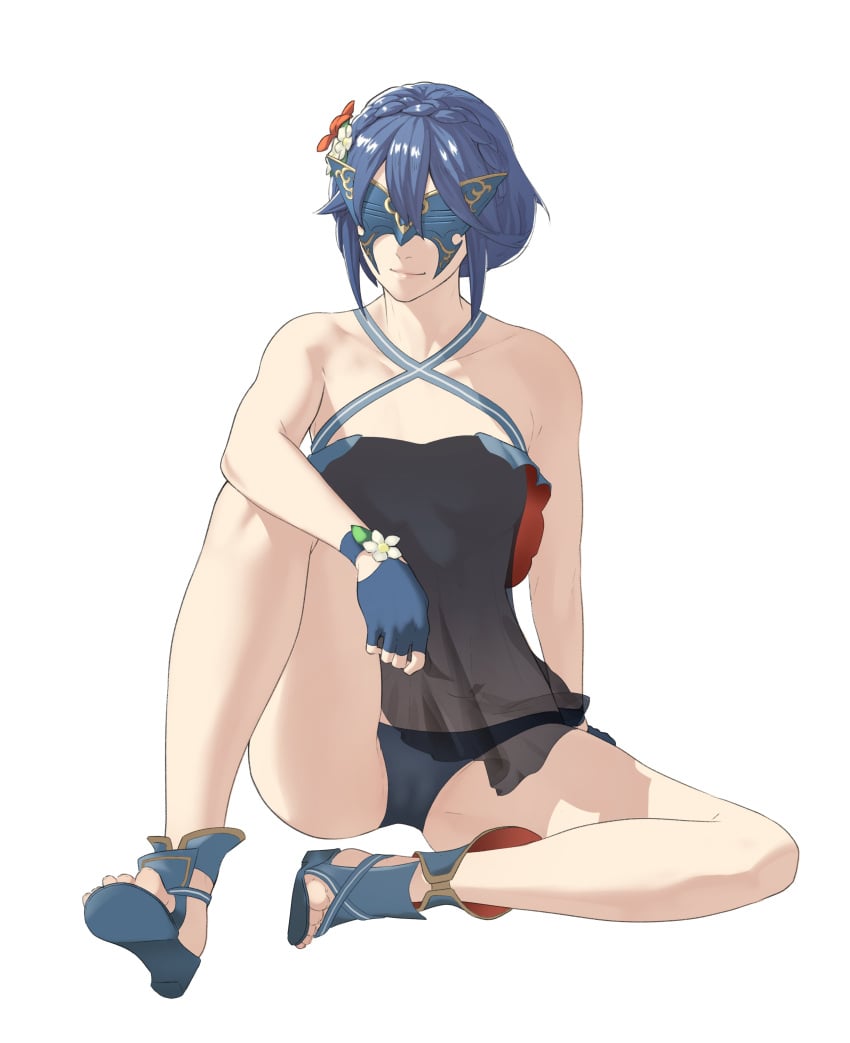 1girls absurdres armpit_crease bare_shoulders bikini blue_bikini blue_hair blue_sandals braid breasts cameltoe closed_mouth collarbone covered_eyes criss-cross_halter female female female_only fire_emblem fire_emblem_awakening fire_emblem_heroes flower gold_trim hair_between_eyes hair_flower hair_ornament halterneck high_heel_sandals highres knee_up legs lucina_(fire_emblem) lucina_(summer)_(fire_emblem) marth_(fire_emblem_awakening) official_alternate_costume official_alternate_hairstyle on_ground orange_flower pomelomelon sandals short_hair simple_background sitting small_breasts smile solo swimsuit toenails toes white_background white_flower