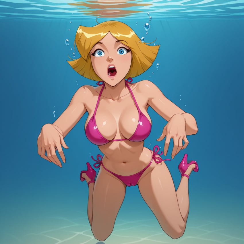 1girls ai_generated asphyxiation bikini cameltoe cartoon_network clover_(totally_spies) drowned drowning female peril sexfightfun solo totally_spies underwater underwater_peril