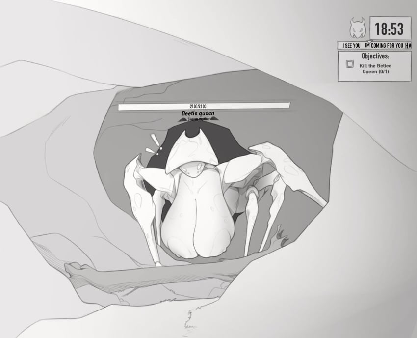 beetle_queen big_breasts breasts bug exclamation_point health_bar huge_breasts insects large_breasts lobsteragent12 looking_at_viewer risk_of_rain risk_of_rain_2