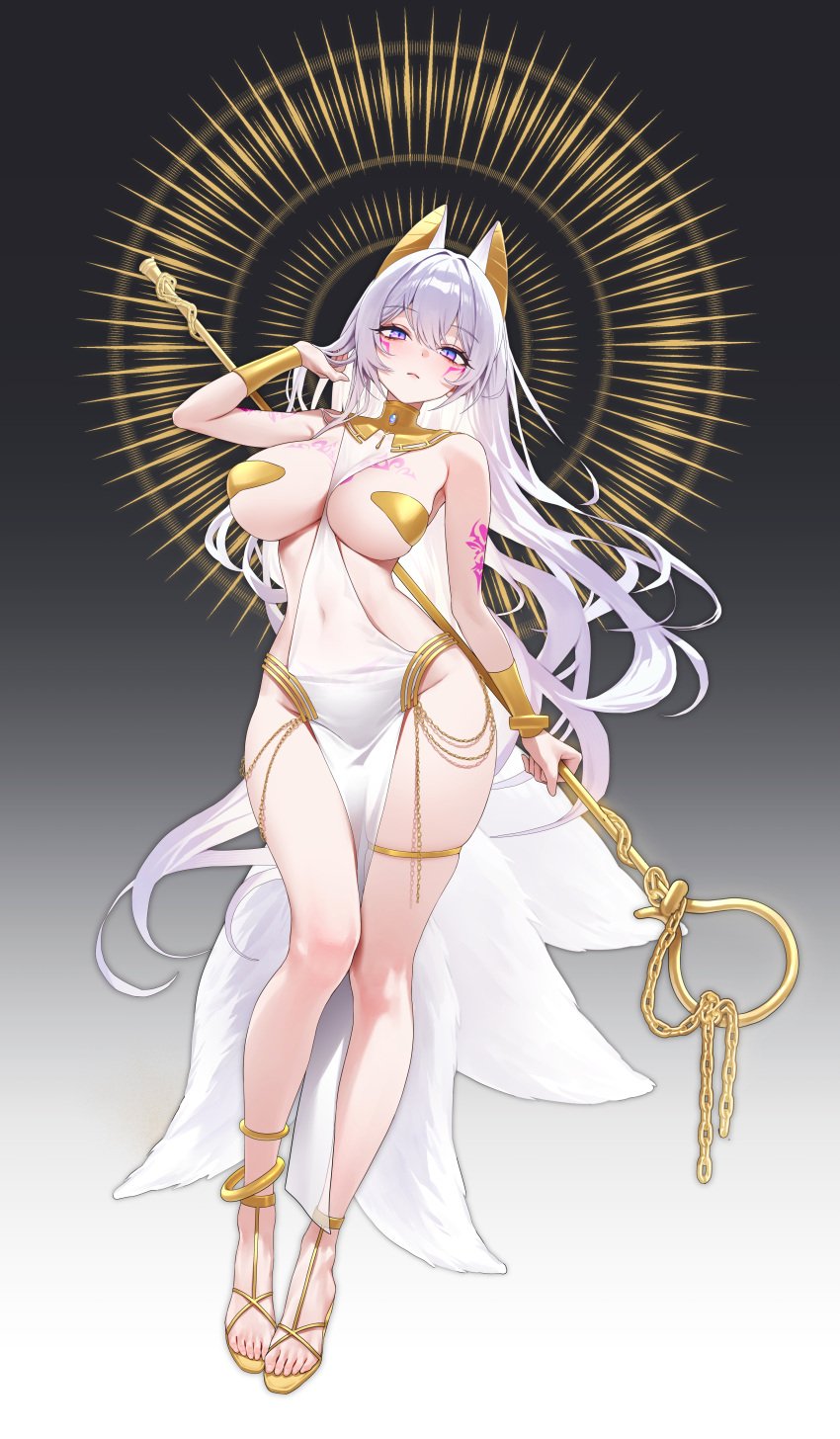 1girls absurdres ancient_egyptian_clothes animal_ears arm_tattoo armor armpits bare_arms bare_legs between_breasts breast_tattoo breasts chano39 clothes_between_breasts commission covered_navel fake_animal_ears female female female_only full_body gladiator_sandals gold_thighlet hair_intakes highres holding holding_staff large_breasts long_hair looking_at_viewer original pasties pelvic_curtain purple_eyes revealing_clothes sandals skindentation solo staff stomach tattoo thick_thighs thighs underboob usekh_collar very_long_hair white_hair wide_hips