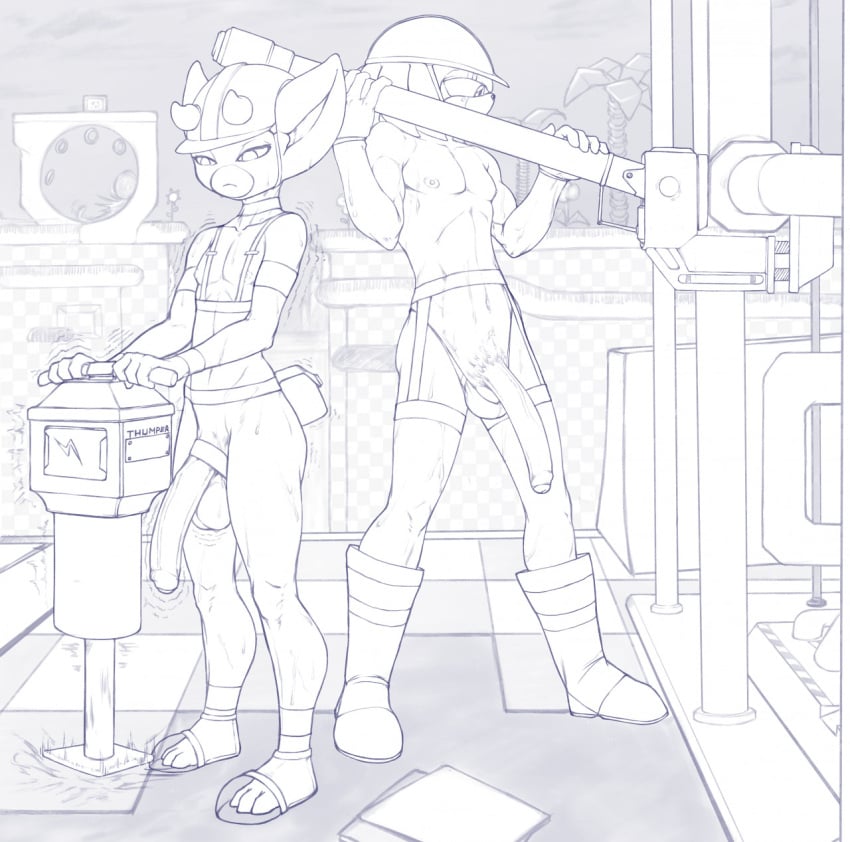 2boys background casual casual_nudity construction_helmet construction_site construction_worker demon echidna femboy hard_hat male monochrome no_sex nude nude_male public public_nudity sissy sonic_(series) sonic_the_hedgehog_(series) tagme trap v-sarg video_games working working_naked workplace