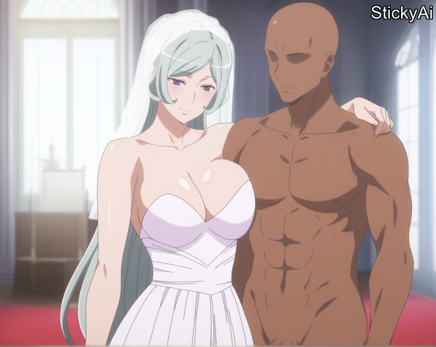 ai_generated anime_coloring beach danmachi dungeon_ni_deai_wo_motomeru_no_wa_machigatteiru_darou_ka female freya_(danmachi) grey_hair indoors large_breasts long_hair purple_eyes silver_hair stickyai wedding wedding_dress