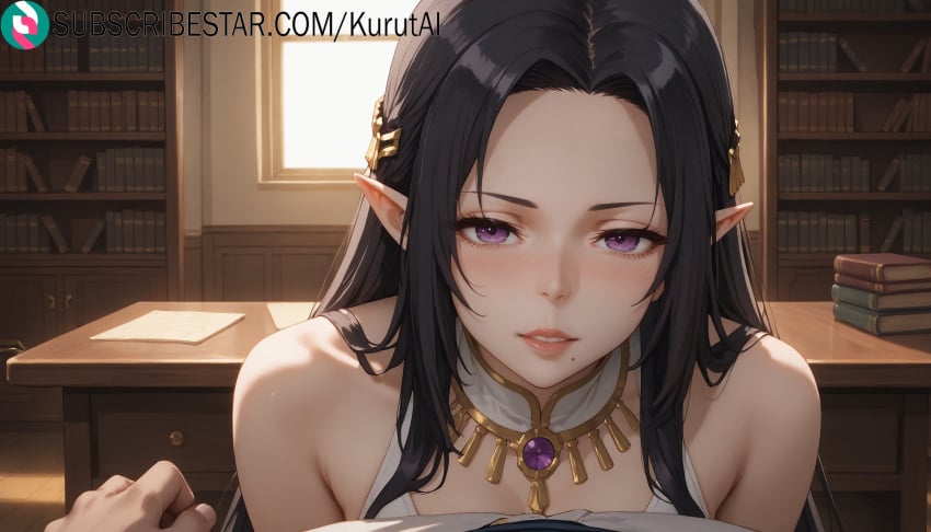 1girls ai_generated artist_name artist_signature bare_shoulders black_hair blush detached_collar dress female gamma_(the_eminence_in_shadow) hair_ornament hi_res high_resolution highres indoors jewelry kage_no_jitsuryokusha_ni_naritakute! kurutai long_hair looking_at_viewer mole_under_mouth necklace parted_bangs parted_lips pointy_ears pov purple_eyes solo_focus subscribestar subscribestar_username the_eminence_in_shadow uncensored