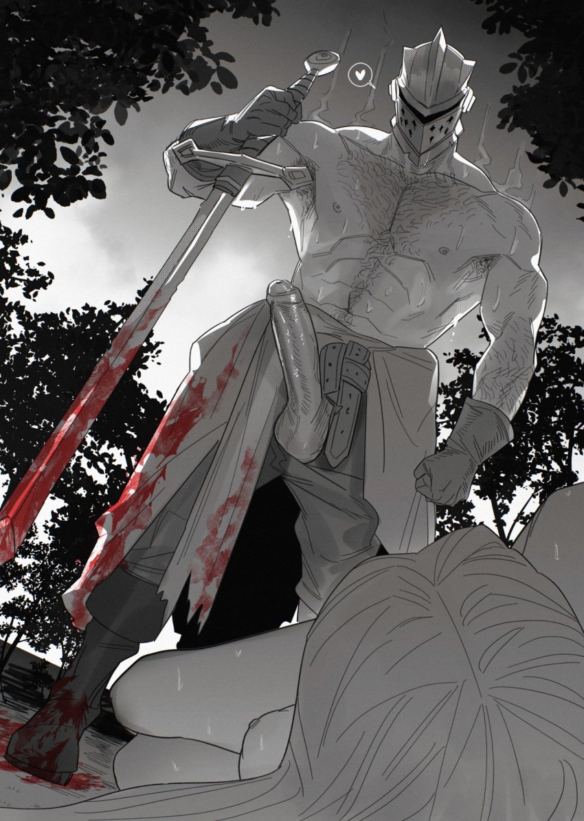 1boy 1boy1girl 1girls 2025 abs arm_hair armpit_hair bara blood blood_splatter blood_stain boots chest_hair clothed_male_nude_female cock crusader crusader_(darkest_dungeon) darkest_dungeon detailed_background erect_penis erection female forest francishsie from_below gauntlets gloves hairy hairy_male helmet intimidation knight long_hair long_sword looking_down looming male male_focus masked masked_male muscular muscular_male nude_female penis penis_out pov scrotum shirtless shirtless_male six_pack steam steaming_body sweat sweatdrop sweating sword testicles