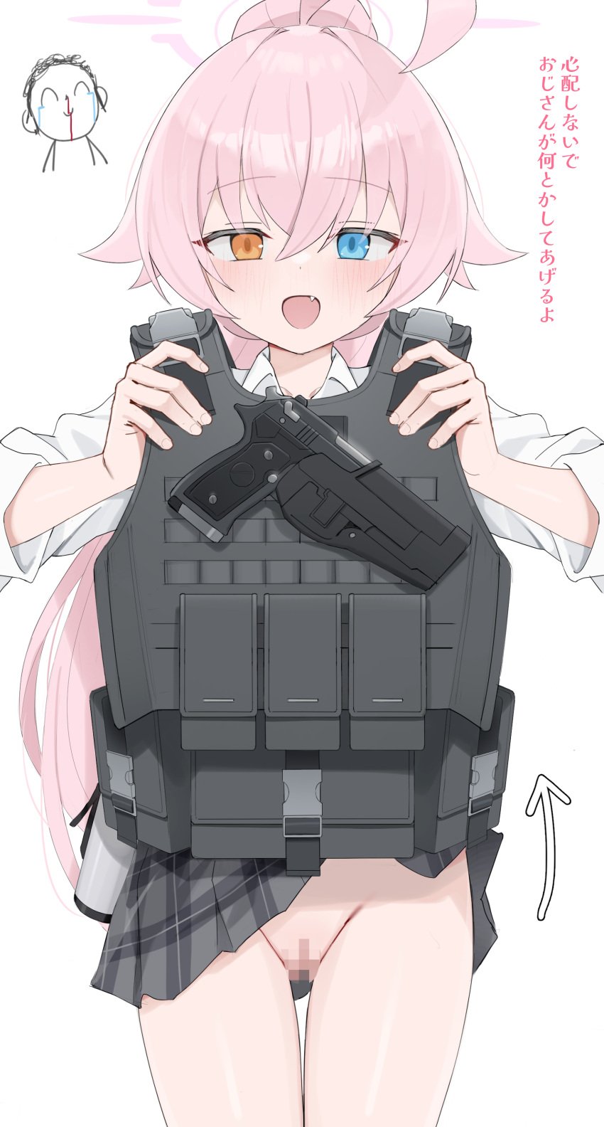 1boy absurdres ahoge arrow_(symbol) black_skirt blood blue_archive blue_eyes bulletproof_vest censored clothes_lift cowboy_shot doodle_sensei_(blue_archive) female groin gun halo handgun heterochromia highres hoshino_(armed)_(blue_archive) hoshino_(blue_archive) long_hair long_sleeves miniskirt mosaic_censoring no_panties nosebleed oerba_yun_fang official_alternate_costume open_mouth orange_eyes pink_hair pink_halo plaid_clothes plaid_skirt pleated_skirt ponytail pussy sensei_(blue_archive) shengtian shirt simple_background skirt skirt_lift translation_request weapon white_background white_shirt