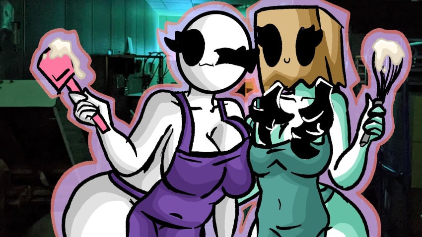 2girls apron apron_only bald bald_female black_eyes black_hair breasts breasts_pressed_against_partner chetoh claire_(chetoh) cleavage cream egg female female_focus female_only green_apron hair laddle oc original original_character original_characters paper_bag paper_bag_on_head photo_background purple_apron rose_(chetoh) whisk white_body