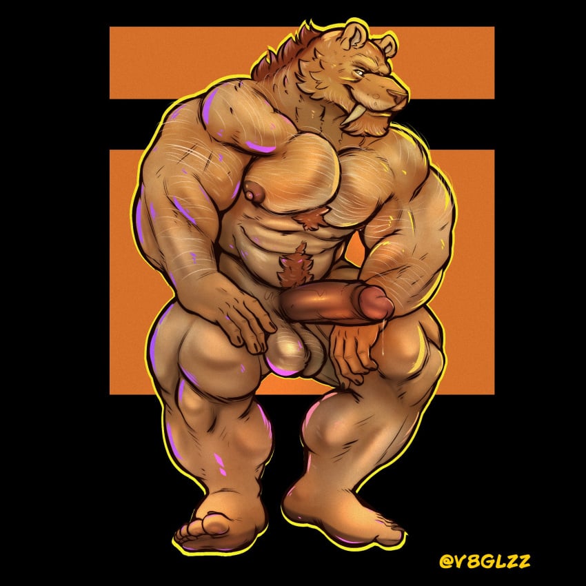 aged_up anthro balls blue_sky_studios bodily_fluids body_hair diego_(ice_age) digital_media_(artwork) erection fangs felid fur genital_fluids genitals hi_res humanoid_genitalia humanoid_penis ice_age_(series) male mammal muscular muscular_anthro muscular_male nipples nude penis prehistoric_species saber-toothed_tiger simple_background smile solo stocky teeth v8glzz