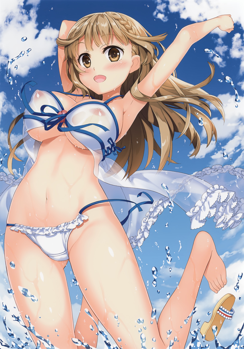 :d absurdres armpits arms_up barefoot bikini bikini_bottom blonde_hair blue_sky blush braid breasts brown_eyes cloud collarbone eyebrows_visible_through_hair female french_braid highres huge_filesize large_breasts long_hair looking_at_viewer navel nipples open_mouth original sandals_removed see-through sky smile splashing swimsuit untied untied_bikini water wet yan-yam